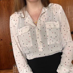 Ann Taylor White Collared Blouse with Pink and Black Diamond Dots XSmall